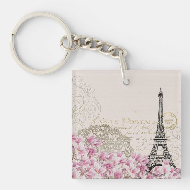 Paris Frankreich Reisedesign mit Eiffel Pink Roses Schlüsselanhänger (Vorderseite)