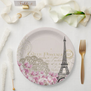 Paris Frankreich Reisen Eiffelturm mit Rose Blume Pappteller