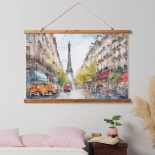 Paris Frankreich Stadt Silhouette Aquarell  Wandteppich Mit Holzrahmen