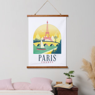 Paris Frankreich Vintage Reise  Wandteppich Mit Holzrahmen