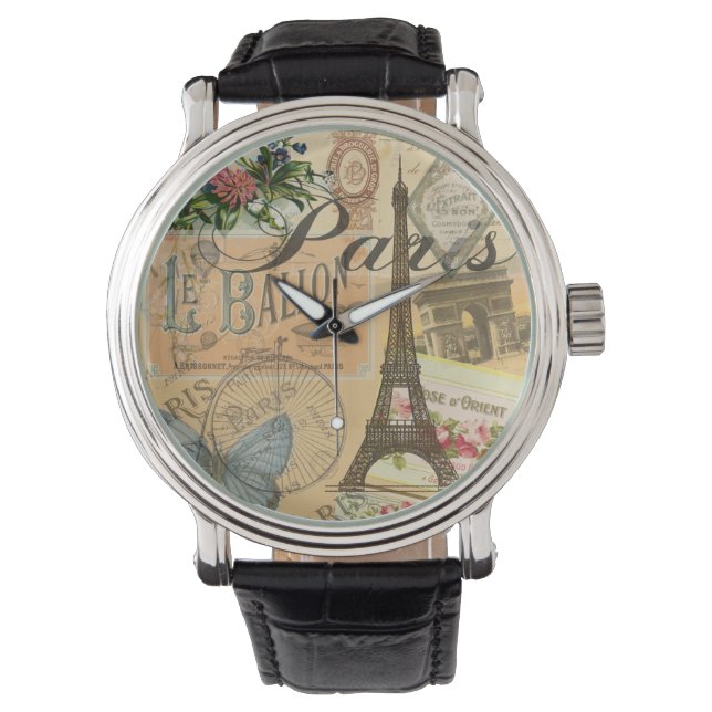 Paris Frankreich Vintage Reisen Kunstvoll wandern Armbanduhr (Vorderseite)