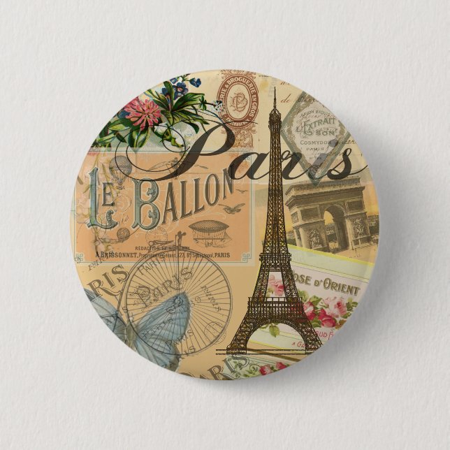 Paris Frankreich Vintage Reisen Kunstvoll wandern Button (Vorderseite)
