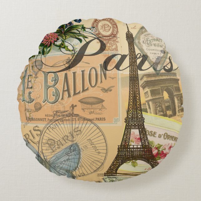 Paris Frankreich Vintage Reisen Kunstvoll wandern Rundes Kissen (Vorderseite)