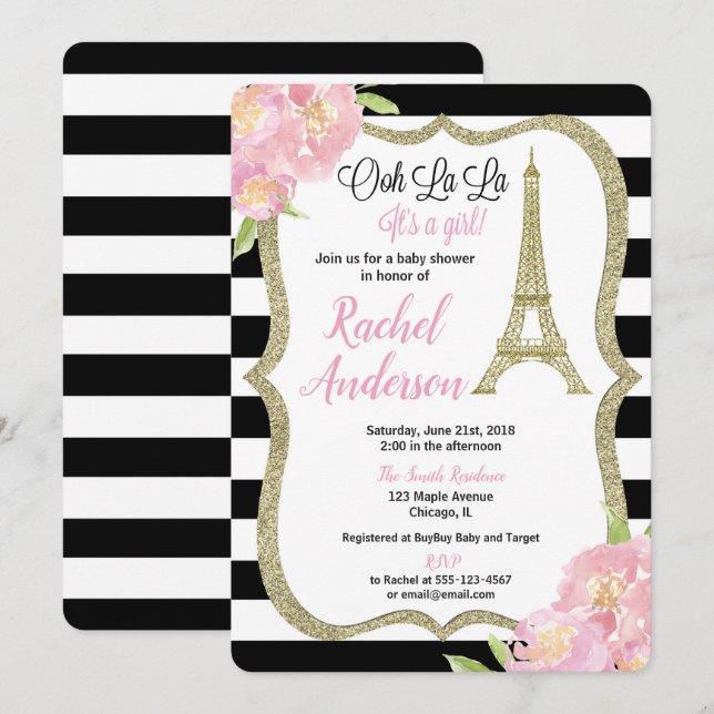 Paris Französisch Babydusche Einladung Rosa Gold (Vorne/Hinten)