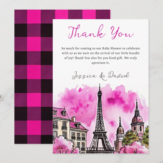 Paris Französisch Bonjour Bebe Pink Black Baby Dus Dankeskarte (Vorne/Hinten)