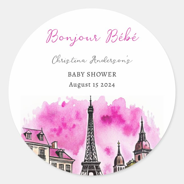 Paris Französisch Bonjour Bebe Pink Black Baby Dus Runder Aufkleber (Vorderseite)