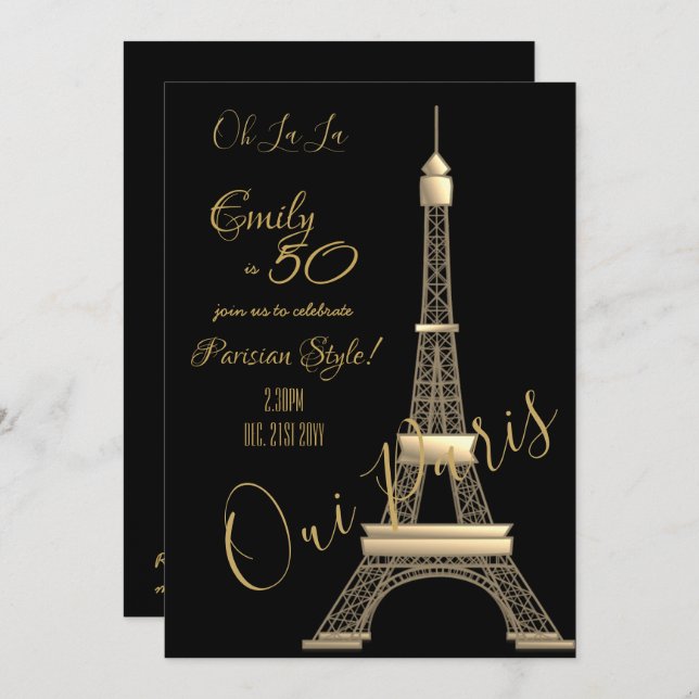 Paris Geburtstag Einladung Black GOLD Chic (Vorne/Hinten)