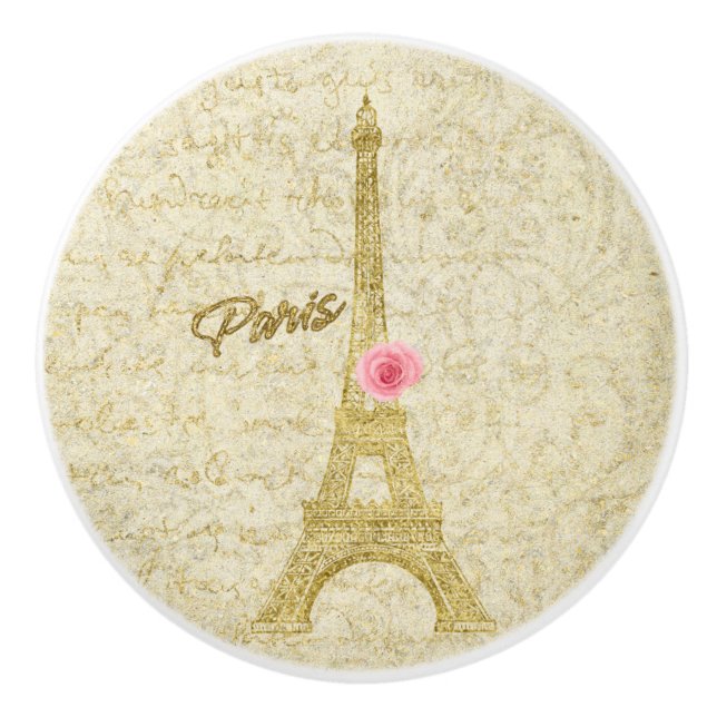 Paris Golden Eiffel Tower & Pink Rose Elegante Keramikknauf (Vorderseite)