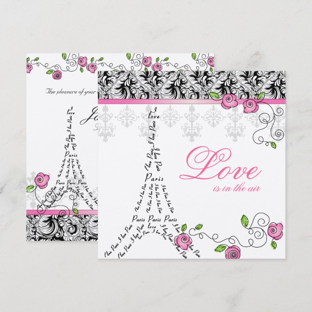 Paris Hochzeit Einladen Rosenrosen Silber Schwarz- Einladung (Vorne/Hinten)