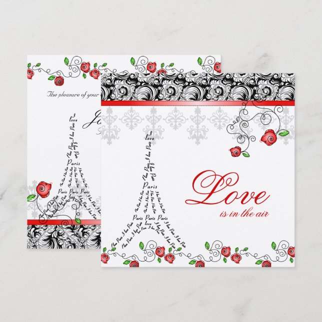 Paris Hochzeit Einladung Rote Rosen Silver Schwarz (Vorne/Hinten)