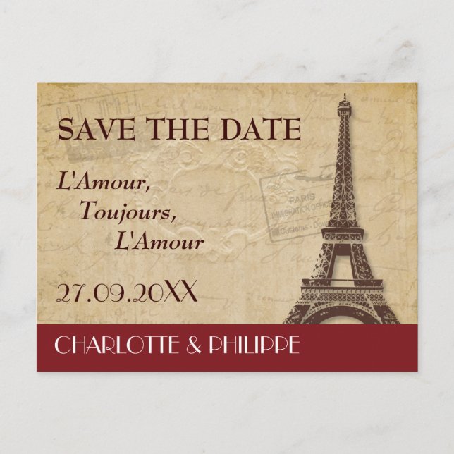 Paris-Hochzeit in Urlaubsort Save the Date Ankündigungspostkarte (Vorderseite)