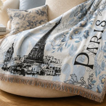 Paris in Blue Fringed Blanket
