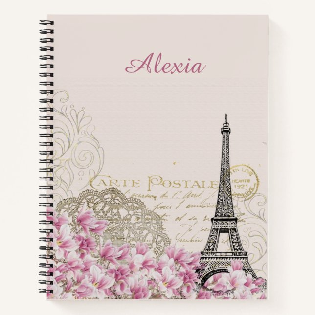 Paris in Blume | Ihr Name Notizbuch (Vorderseite)