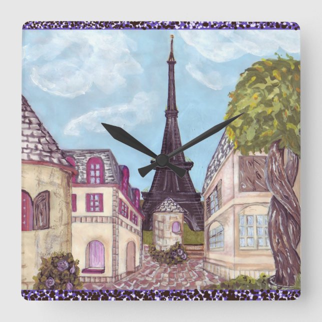 Paris inspirierte Cityscape mit Eiffel-Turm-Uhr Quadratische Wanduhr (Vorderseite)