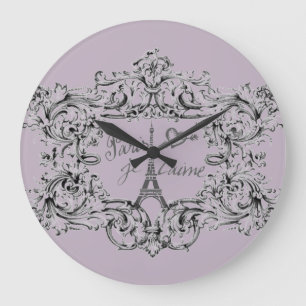 "Paris Je T'aime" Eiffel Tower Scroll Print Große Wanduhr