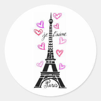 PARIS JE T'AIME EIFFEL UND ROSA HERZEN RUNDER AUFKLEBER