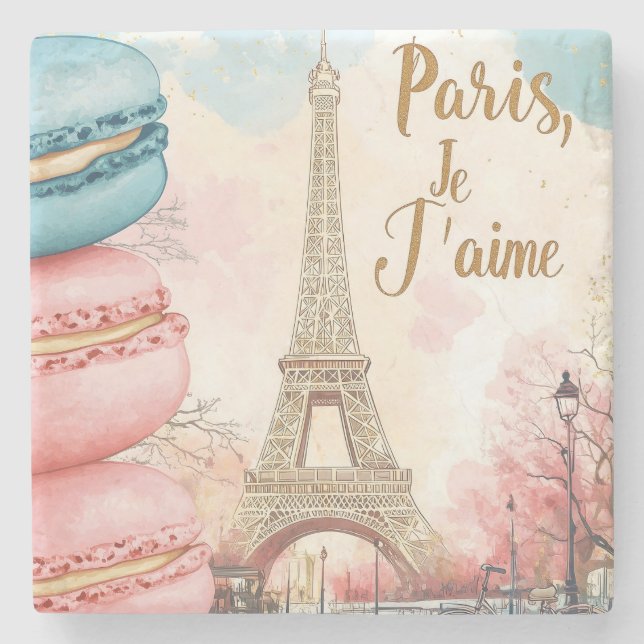 Paris, Je T'aime - Eiffelturm mit Macarons Steinuntersetzer (Vorderseite)