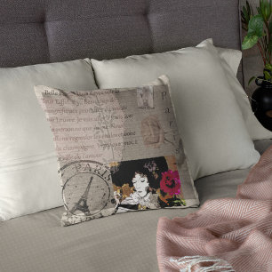 Paris Lady mit Hat Pink Blume Collage Kissen