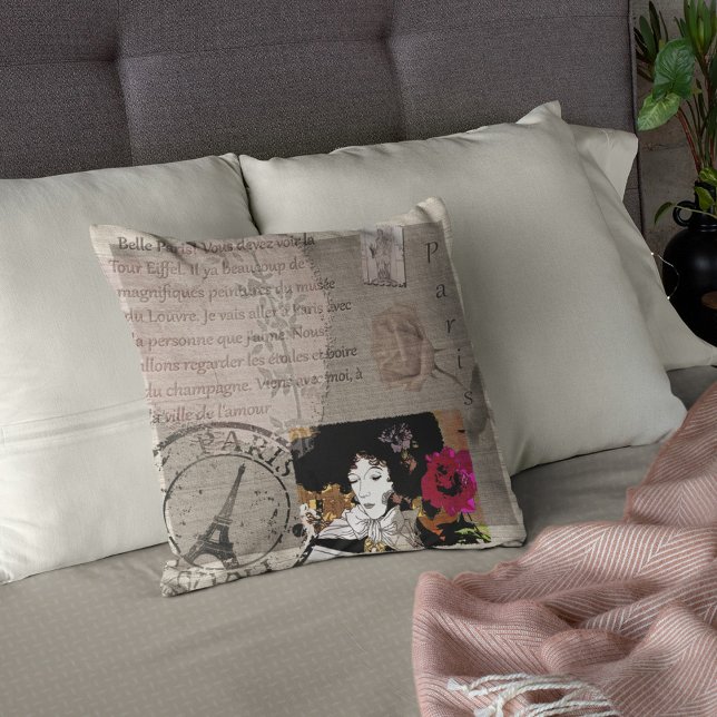 Paris Lady mit Hat Pink Blume Collage Kissen (Von Creator hochgeladen)