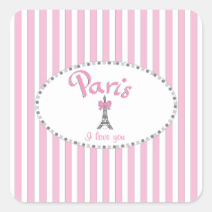 "Paris liebe ich" - rosa Streifen Quadratischer Aufkleber