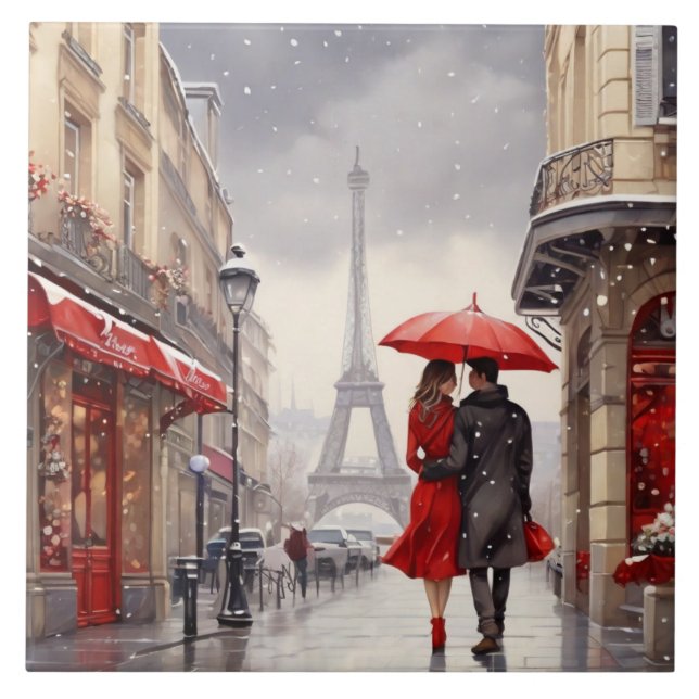 Paris Liebe: Romantischer Winterlicher Eiffelturm  Fliese (Vorderseite)