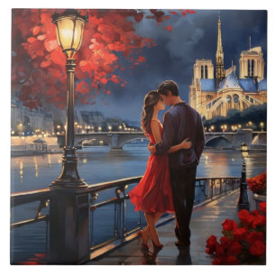 Paris Liebe: Romantisches Paar Seine Fluss Notre D Fliese
