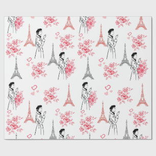 Paris-Liebesmuster – Eiffelturm & Rosen Nahtlos Geschenkpapier