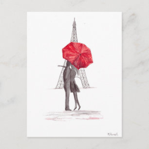 Paris Liebespaar roter Regenschirm Wasserfarbe Eif Postkarte