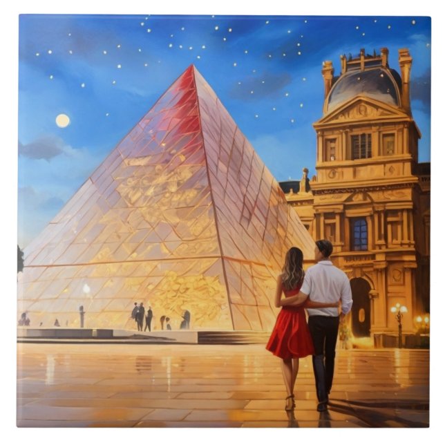 Paris Love: Louvre Museum Pyramid Romantic Couple Fliese (Vorderseite)