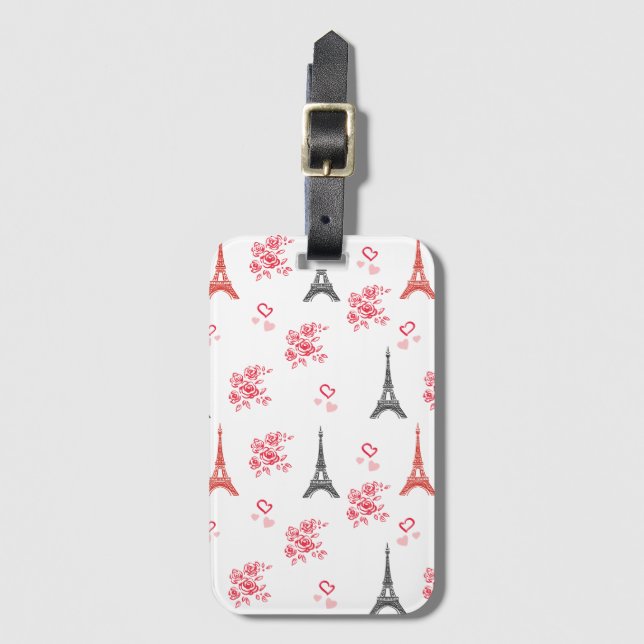 Paris Love Pattern – Eiffel Tower & Roses Seamless Gepäckanhänger (Vorderseite Vertikal)