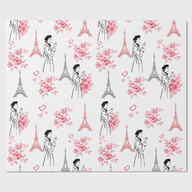 Paris Love Pattern – Eiffel Tower & Roses Seamless Geschenkpapier (Flach)