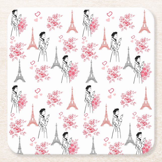 Paris Love Pattern – Eiffel Tower & Roses Seamless Rechteckiger Pappuntersetzer (Vorderseite)