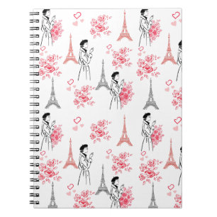 Paris Love Pattern – Eiffelturm & Rosen Nahtlos Notizblock