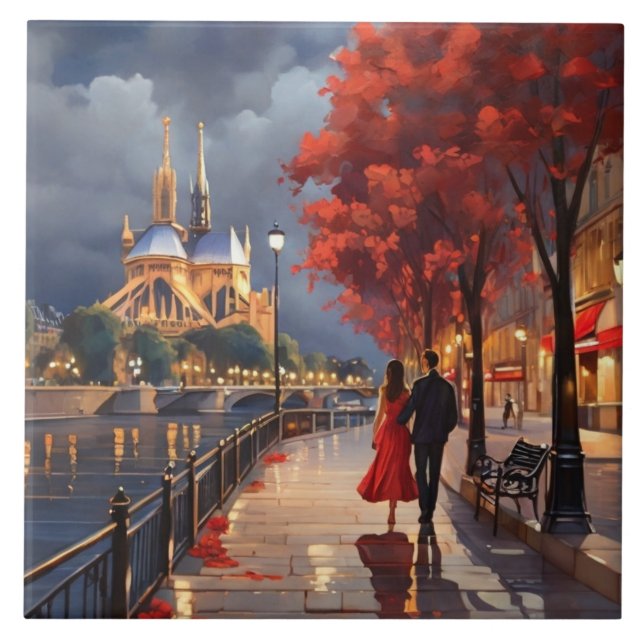 Paris Love: Romantic Couple by Seine Notre Dame Fliese (Vorderseite)