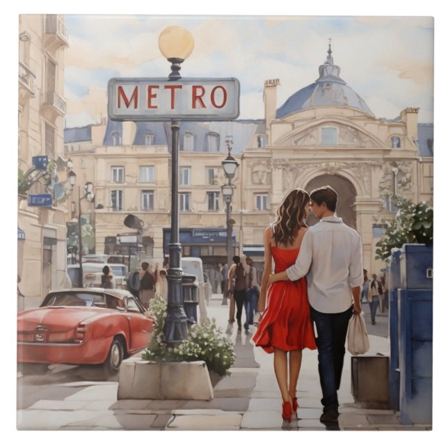 Paris Love: Romantic Couple by Train Station Metro Fliese (Vorderseite)