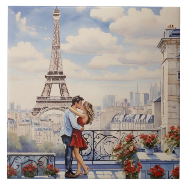 Paris Love: Romantic Couple Eiffel Tower Balcony Fliese (Vorderseite)