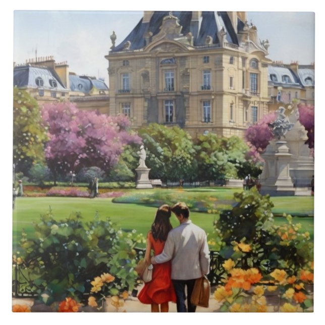 Paris Love: Romantic Couple Jardin du Luxembourg Fliese (Vorderseite)