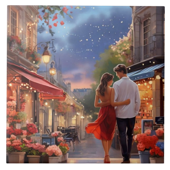 Paris Love: Romantic Summer Night Couple  Fliese (Vorderseite)