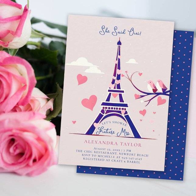 Paris Lovebirds Pink Hearts Navy Brautparty Einladung (paris bridal shower invitation theme navy pink eiffel hearts lovebirds she said oui elegant modern)