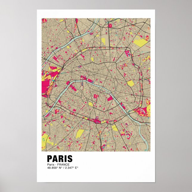 Paris Map Poster - Frankreich Stilvolle farbenfroh (Vorne)