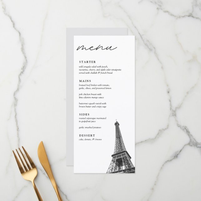Paris Mariage Moderne Elégant Dîner Menu (Devant/Arrière en situation)