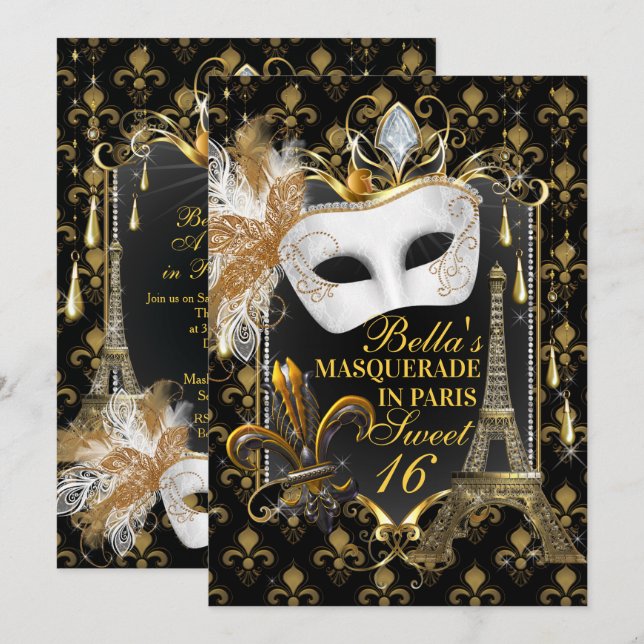Paris Masquerade Einladungen zum Geburtstag (Vorne/Hinten)