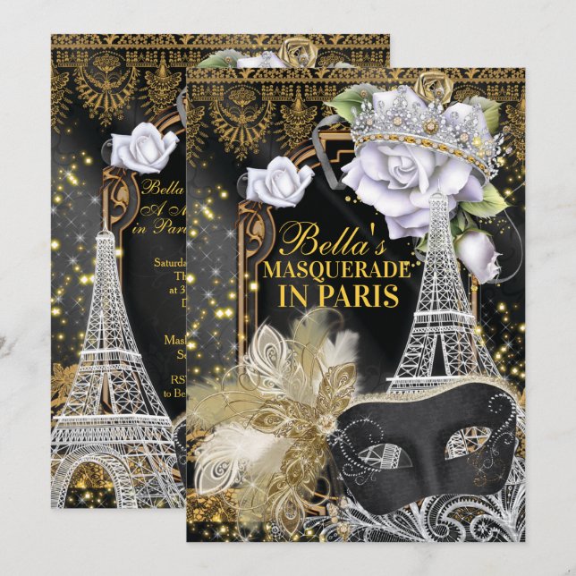 Paris Masquerade Einladungen zum Geburtstag (Vorne/Hinten)