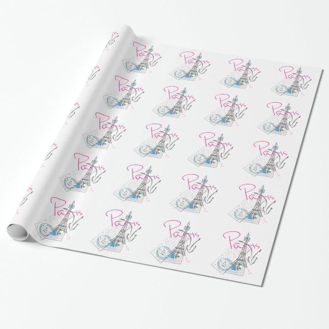 PARIS mit Liebe - Eiffelturm und Brief Geschenkpapier (Ungerollt)