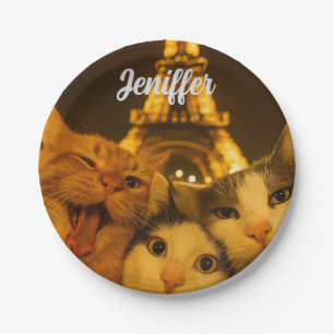 Paris Nacht Katze Selfie Squad Liebhaber           Pappteller