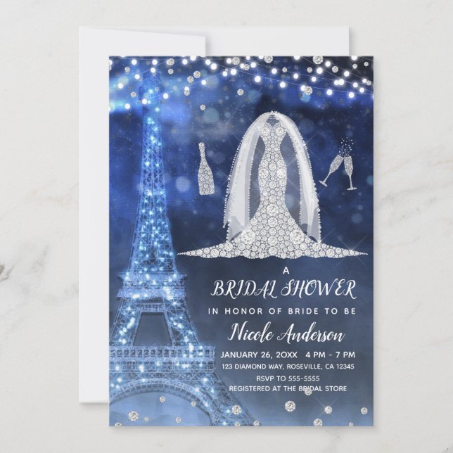 Paris Night Diamond Wedding Dress Brautparty Einladung (Vorderseite)