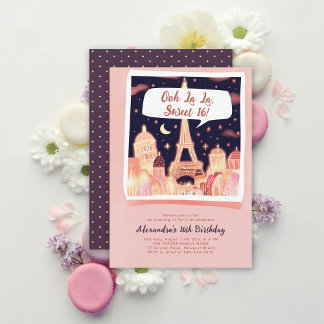 Paris Night Eiffel Comic Style Pink Chic Sweet 16 Einladung