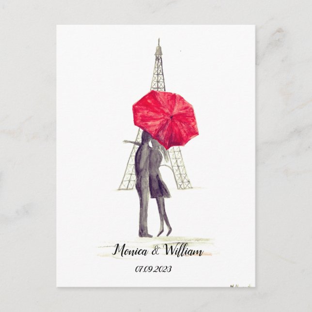 Paris Paar Eiffel Tower Roter Schirm Hochzeit Postkarte (Vorderseite)