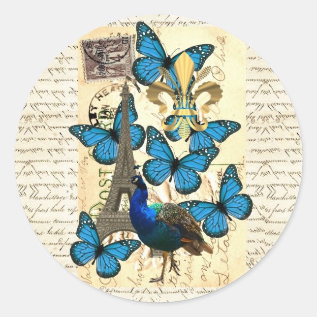 Paris, Pfau und Schmetterlinge Runder Aufkleber (Vorderseite)