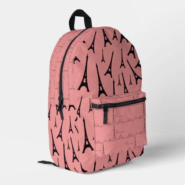 Paris Pink Eiffel Tower Bedruckter Rucksack (Rückseitige Ecke links)